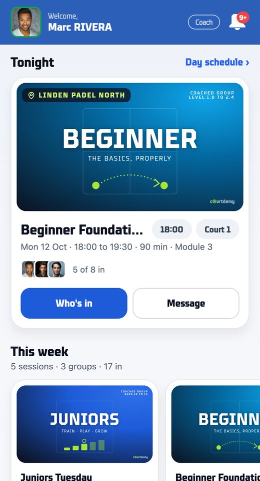 The coach's home: programmes, the schedule by site, students, attendance