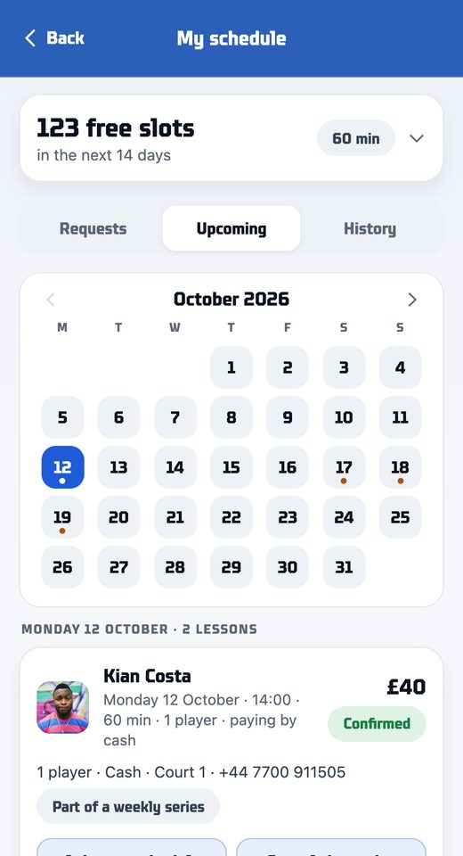 My Schedule: 93 free slots in the next 14 days and seven lesson requests to accept