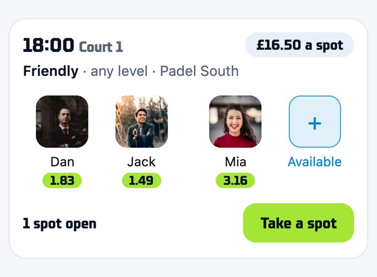 An open friendly at 21:00: three players in, one spot open, Take a spot
