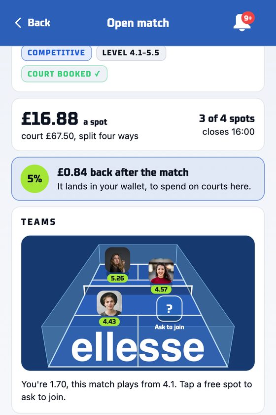 An open match in the app, a sponsor's brand on the court's glass