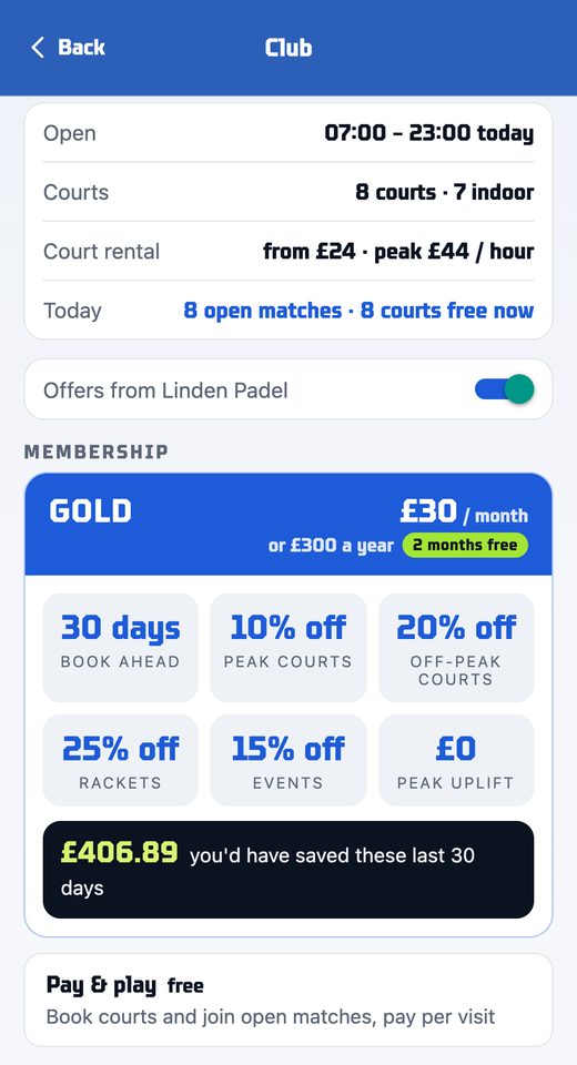 A club in the app: courts, prices and membership