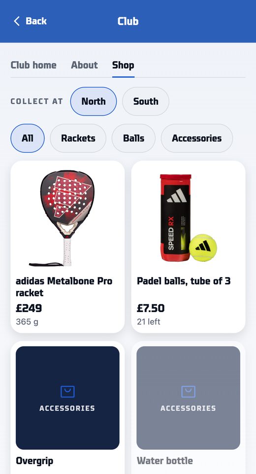 The club shop: an adidas Metalbone racket at £249 and padel balls at £7.50