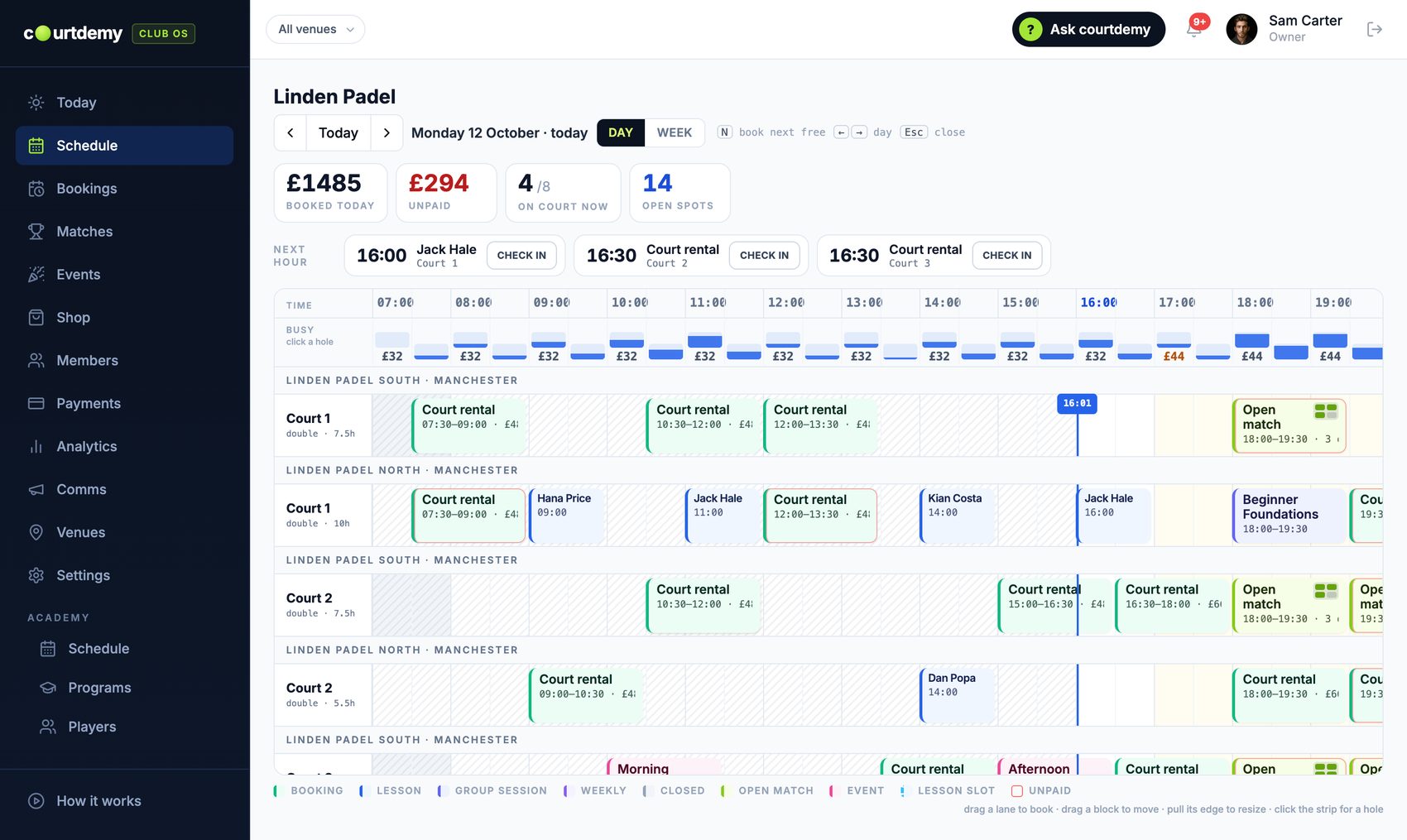The schedule board: two sites, every court, the next hour's arrivals and the day's money