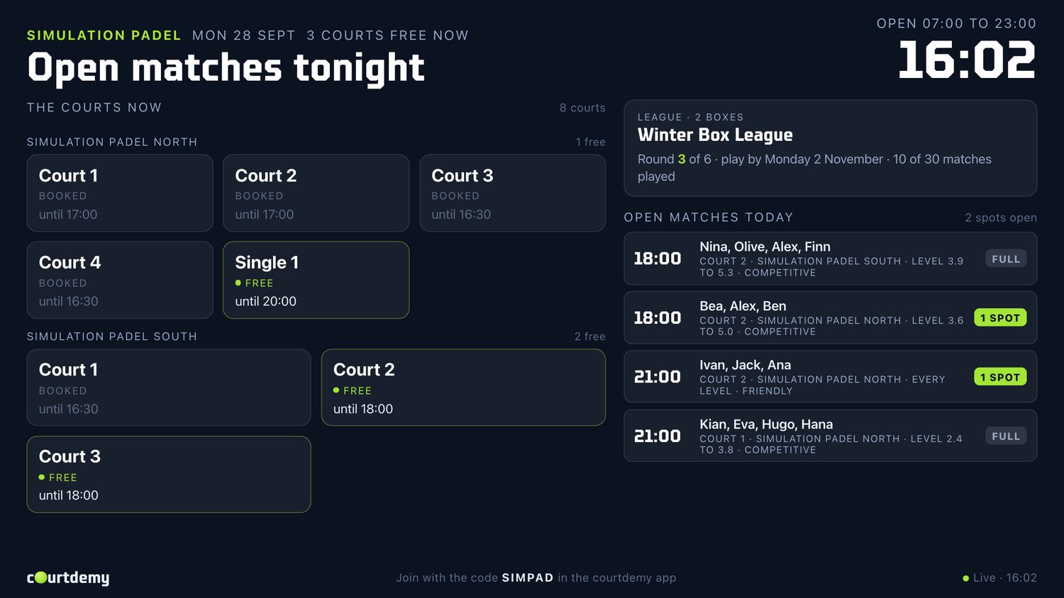 The club's TV: the courts now, open matches tonight, the league round
